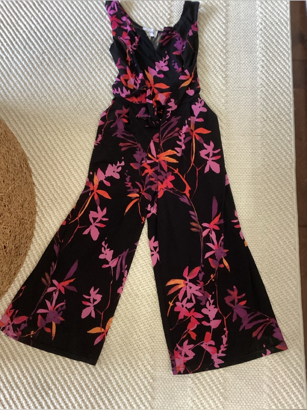 Black Floral Wide-Leg Jumpsuit with Pink & Orange Print